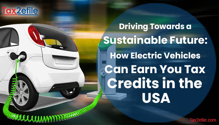 Electric vehicle charging station with a parked electric car, representing sustainable transportation and tax credits in the USA